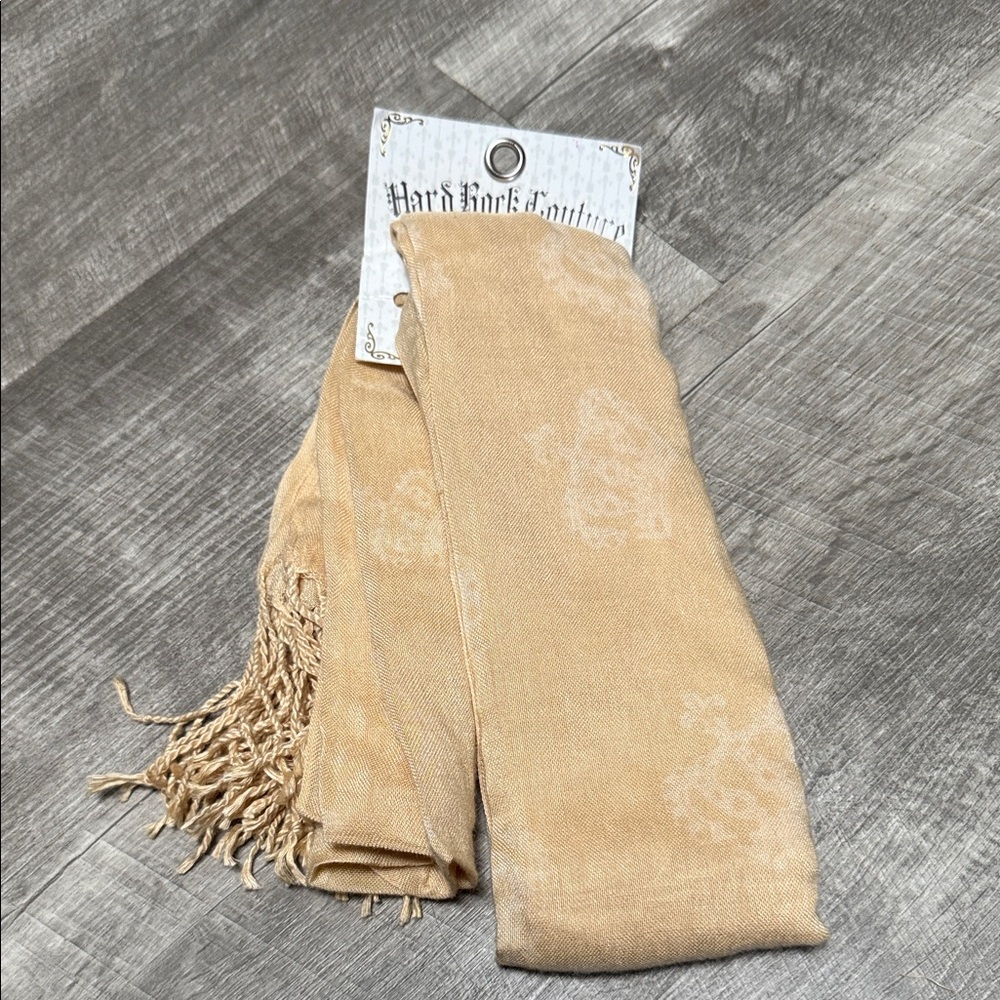 NWT Hard Rock Couture Falling Crowns Tan Scarf with Fringe